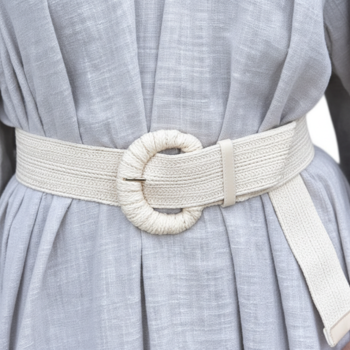 Close-up cream stretchy belt