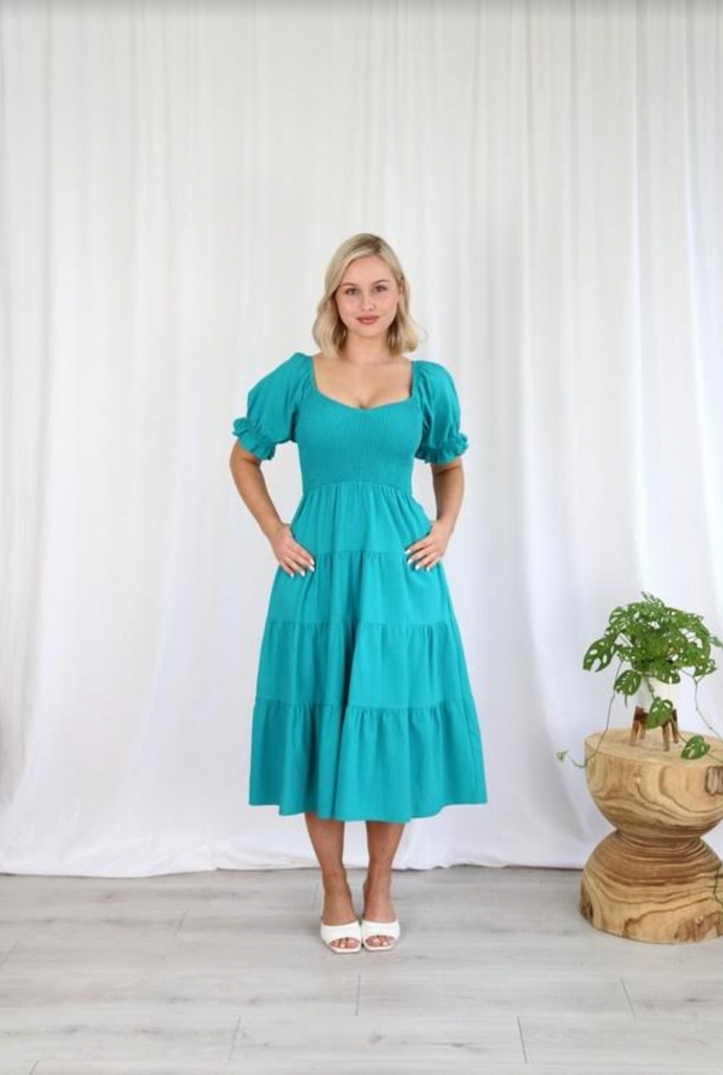 Tessa Shirred Dress 'Teal'